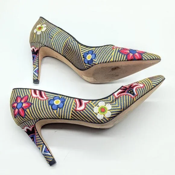 Neiman Marcus Multicolor Floral Striped Embroidered Heels 8M